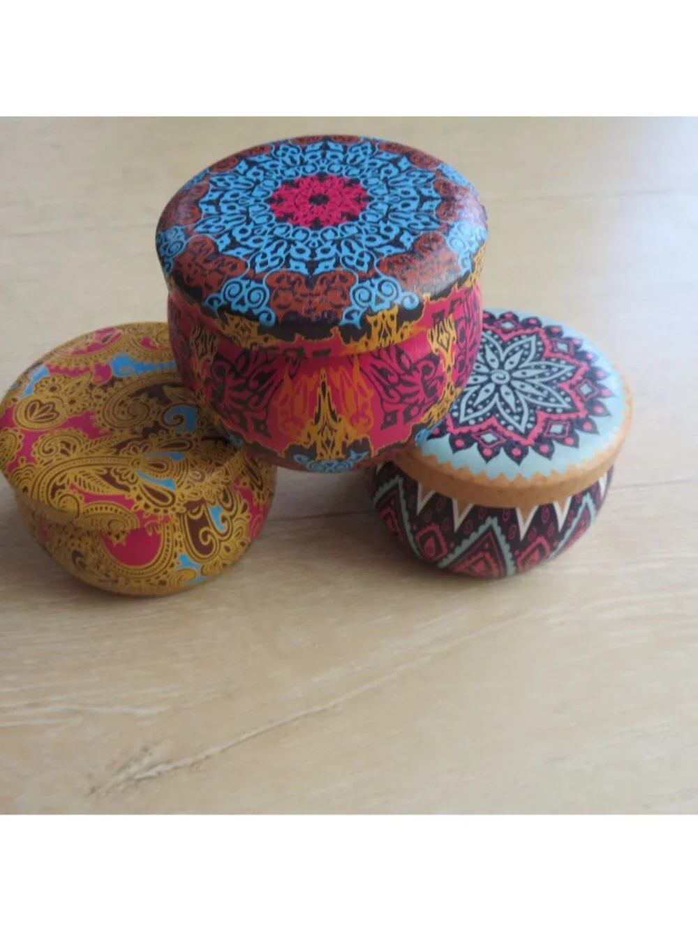 Set of 3 Small Mandala Patterned EMPTY Metal Storage Tins with Lids - 2